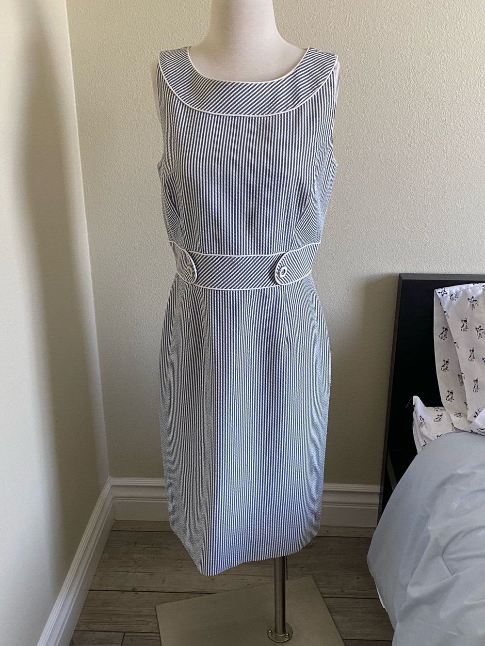 Tahari Navy and White Striped Sleeveless Sheath Dress